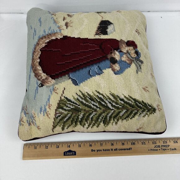 Vintage Wintry Scene Wool Needlepoint Carolers Pillow Christmas Ice Skating - Picture 11 of 12